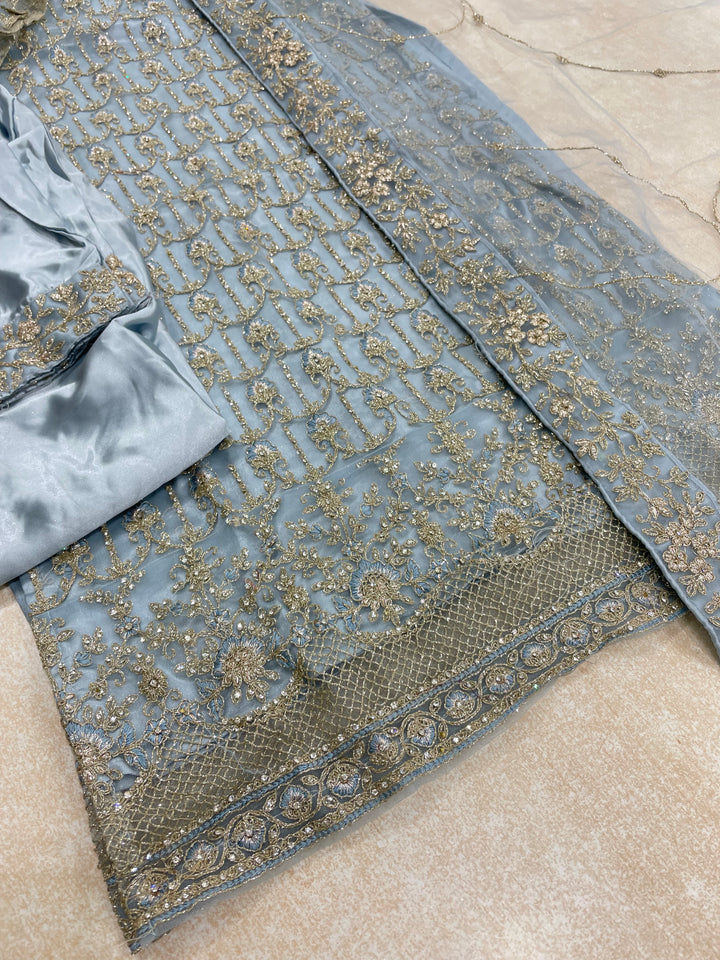 Areesha – Sky Net Embroidered Shalwar Kameez with bell sleeves - Satin Trousers – 3 Pcs