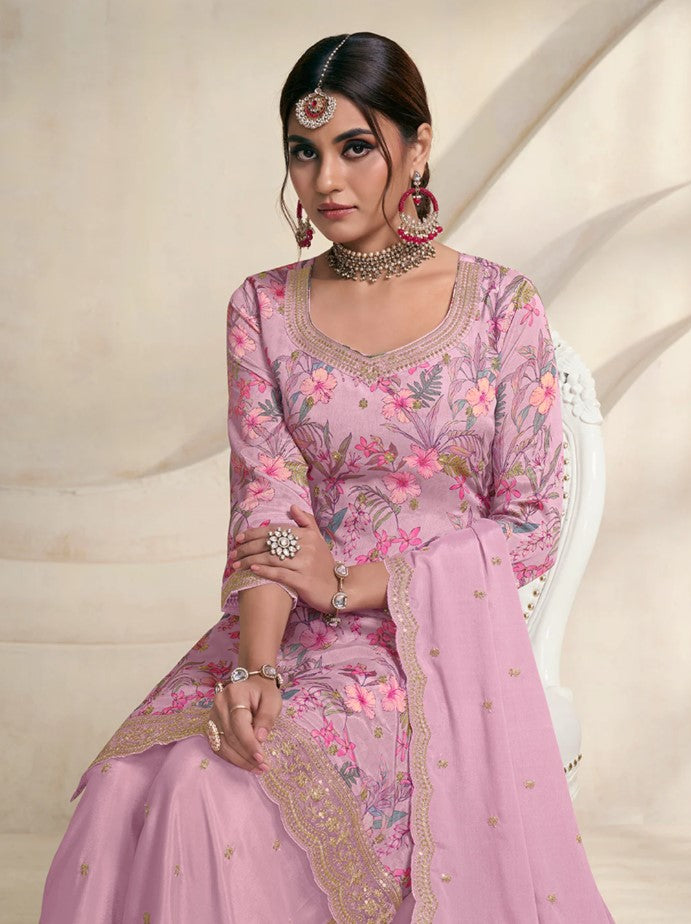 Vinay 1500 - Pink Chinon Digital Floral Printed Sharara Suit Set - 3Pcs Suit