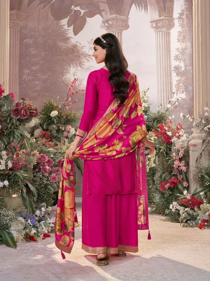Farah – Pink Dola Silk Jacquard & Embroidery Sharara Set with Digital Print Dupatta – 3 Pcs