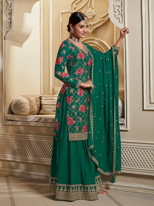 Jawaria – Green Digital Floral Printed Embroidered Sharara Suit Set – 3 Pcs