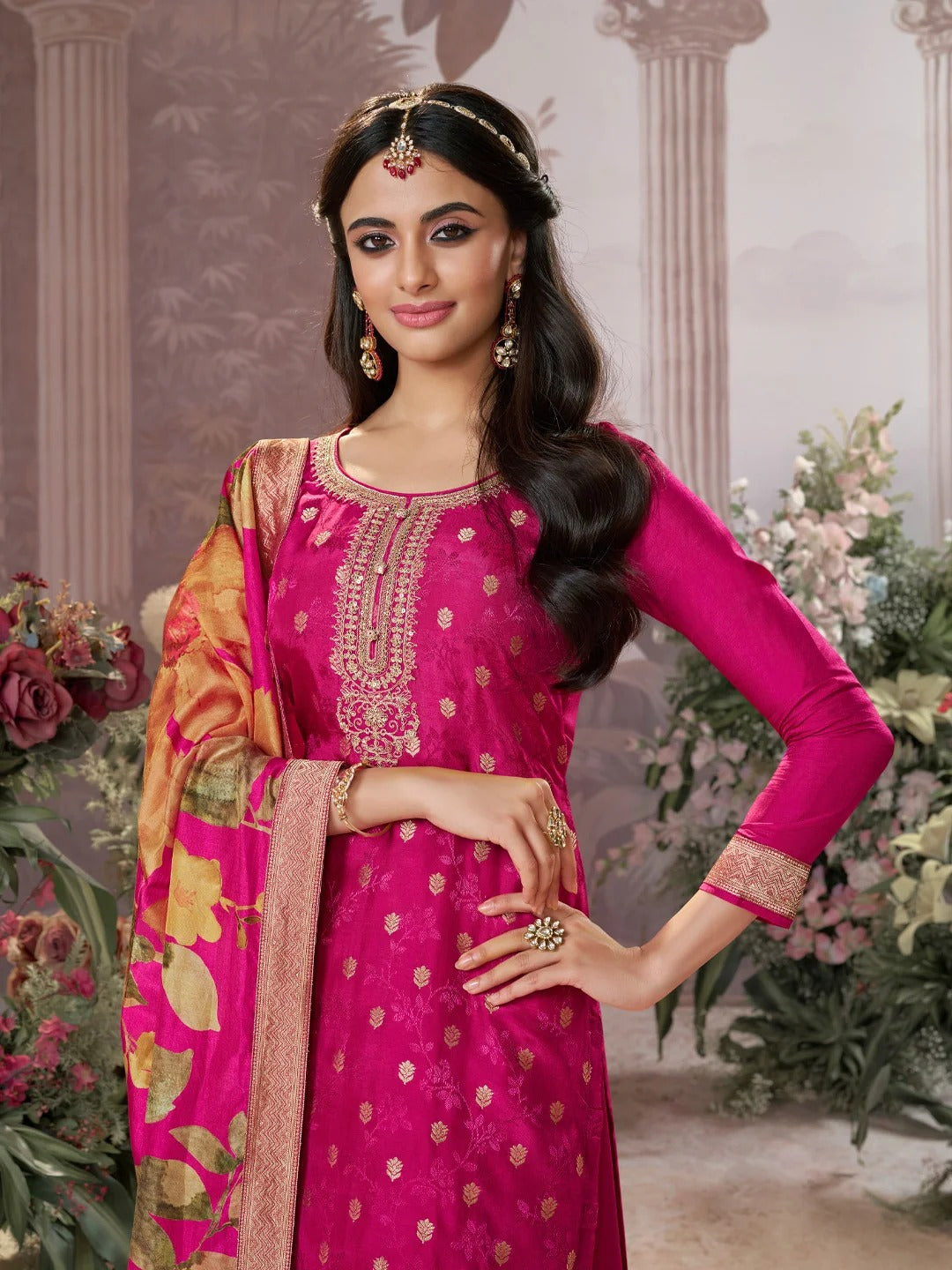 Farah – Pink Dola Silk Jacquard & Embroidery Sharara Set with Digital Print Dupatta – 3 Pcs