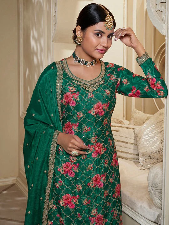 Jawaria – Green Digital Floral Printed Embroidered Sharara Suit Set – 3 Pcs