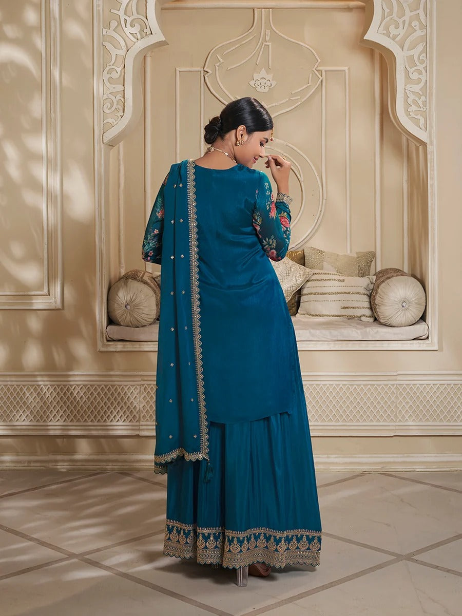 Jawaria – Teal Digital Floral Printed Embroidered Sharara Suit Set – 3 Pcs