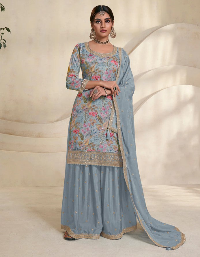 Vinay 1502 - Blue Chinon Digital Floral Printed Sharara Suit Set - 3Pcs Suit