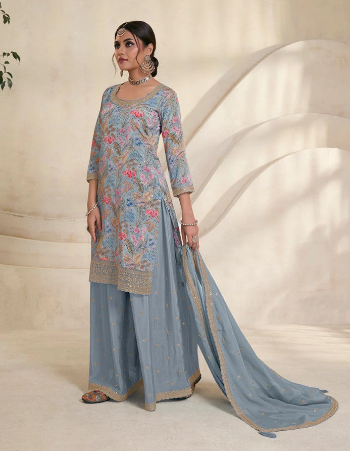 Vinay 1502 - Blue Chinon Digital Floral Printed Sharara Suit Set - 3Pcs Suit