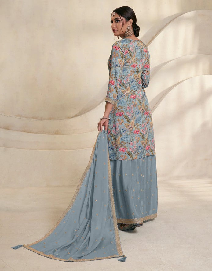 Vinay 1502 - Blue Chinon Digital Floral Printed Sharara Suit Set - 3Pcs Suit