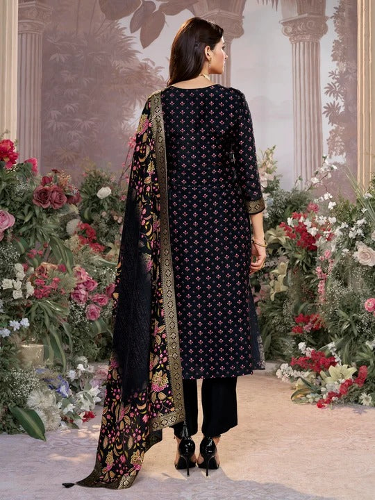 Sara – Black Russian Silk Kurta Set with Digital Print Work Paired with Russian Silk Digital Printed Duppatta – 3 Pcs