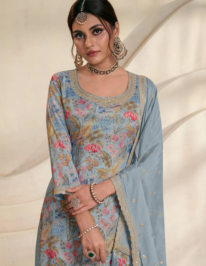 Vinay 1502 - Blue Chinon Digital Floral Printed Sharara Suit Set - 3Pcs Suit