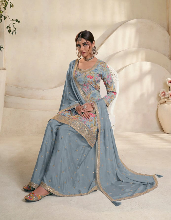 Vinay 1502 - Blue Chinon Digital Floral Printed Sharara Suit Set - 3Pcs Suit