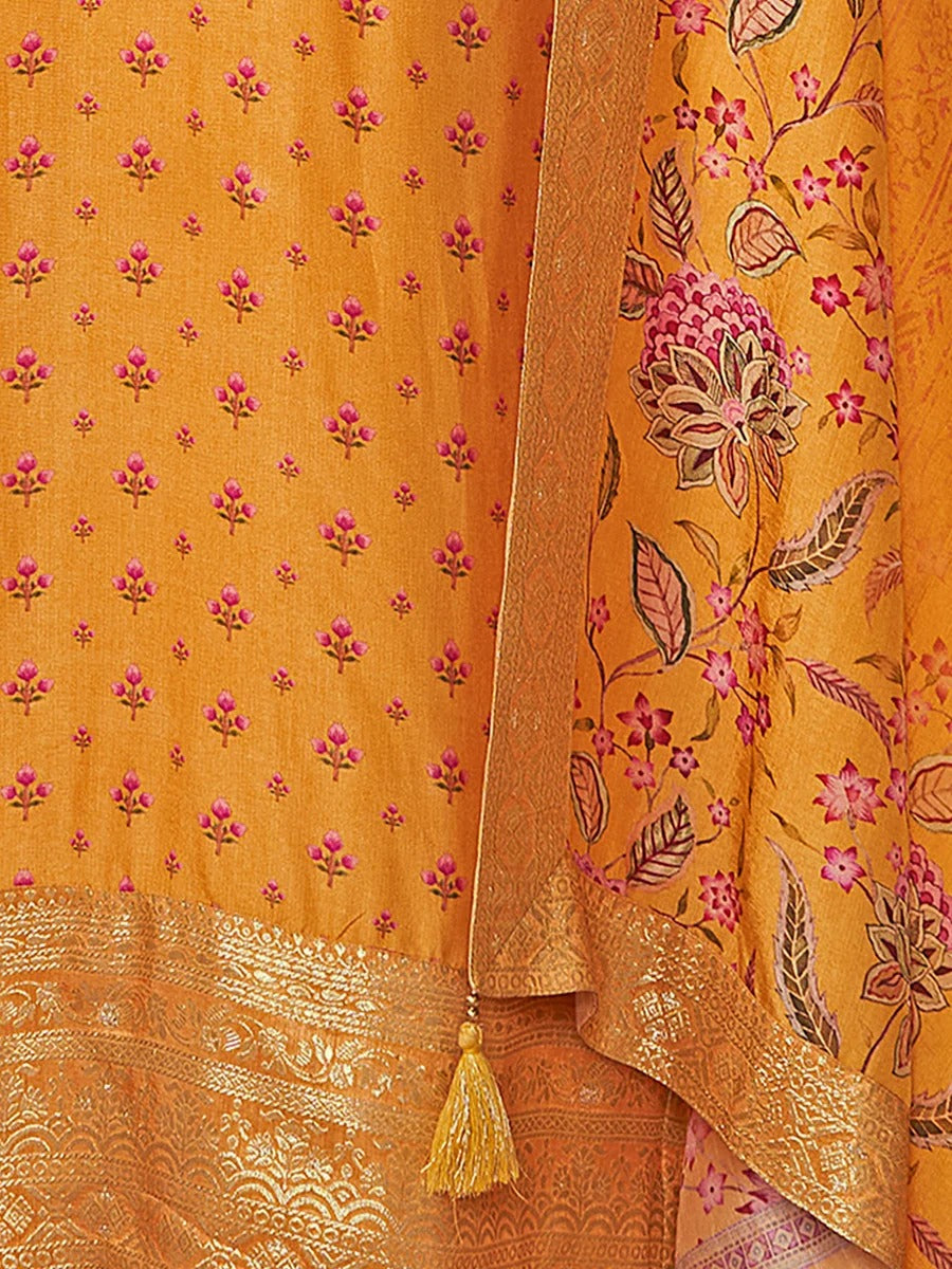 Sara – Yellow Russian Silk Kurta Set with Digital Print Work Paired with Russian Silk Digital Printed Duppatta – 3 Pcs