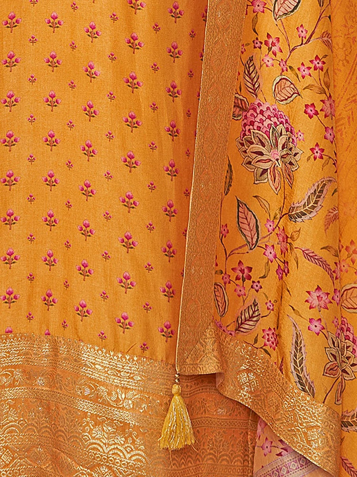 Sara – Yellow Russian Silk Kurta Set with Digital Print Work Paired with Russian Silk Digital Printed Duppatta – 3 Pcs