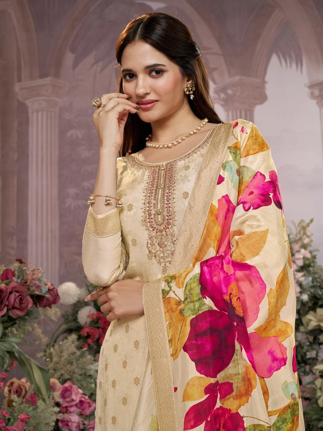 Farah – Off White Dola Silk Jacquard & Embroidery Sharara Set with Digital Print Dupatta – 3 Pcs