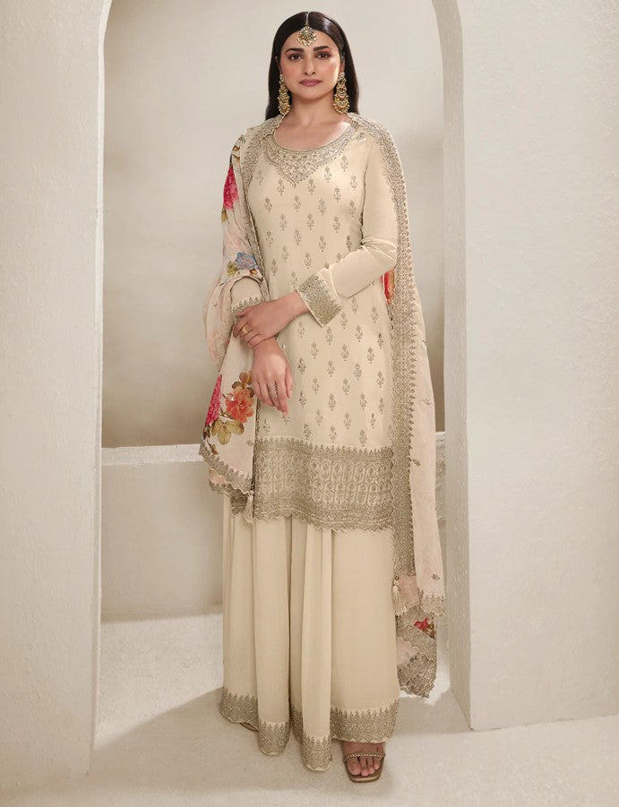 Mahira – Off-White Sequins Embroidered Kurti Plazo Set with Digital Floral Dupatta – 3 Pcs
