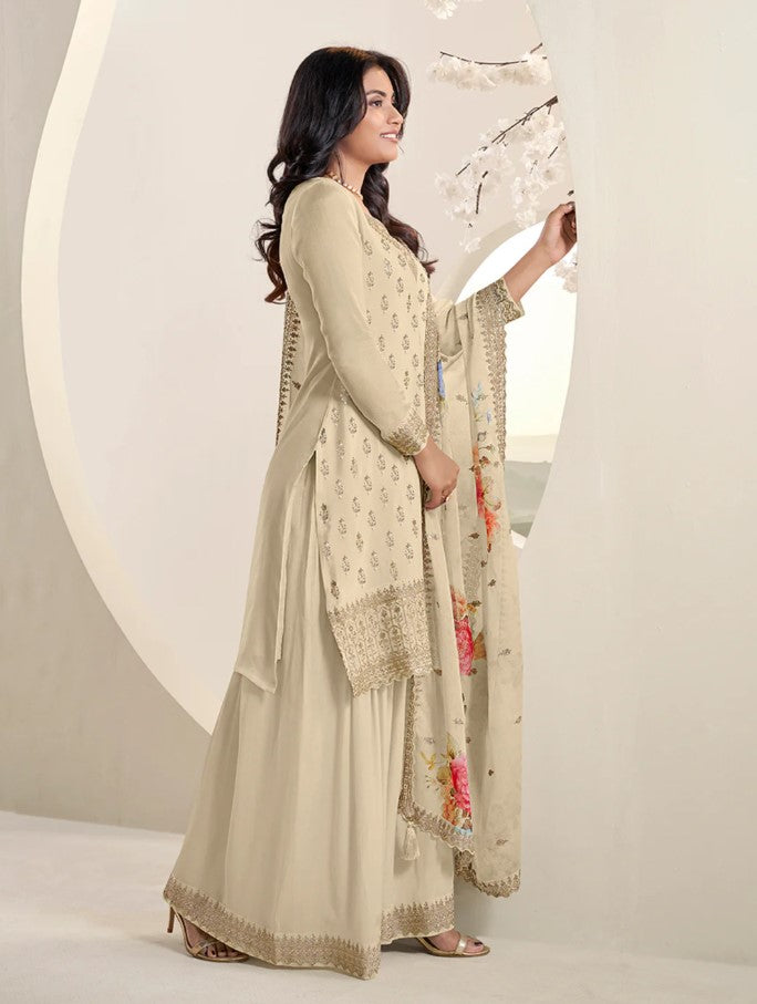 Mahira – Off-White Sequins Embroidered Kurti Plazo Set with Digital Floral Dupatta – 3 Pcs