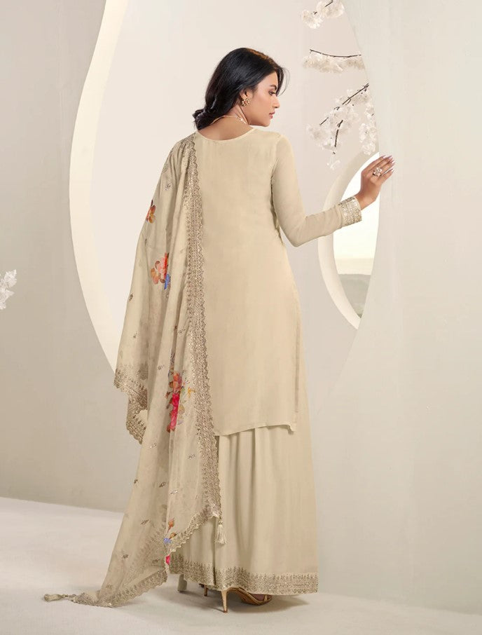 Mahira – Off-White Sequins Embroidered Kurti Plazo Set with Digital Floral Dupatta – 3 Pcs