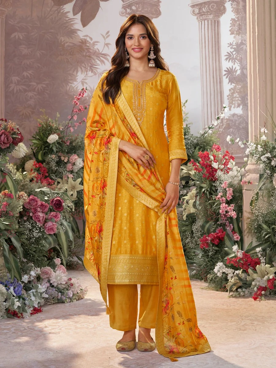 Kiran – Yellow Dola Silk Kurta Set with Jacquard Detailing and Intricate Embroidery, Paired with a Cherry Silk Dupatta – 3 Pcs