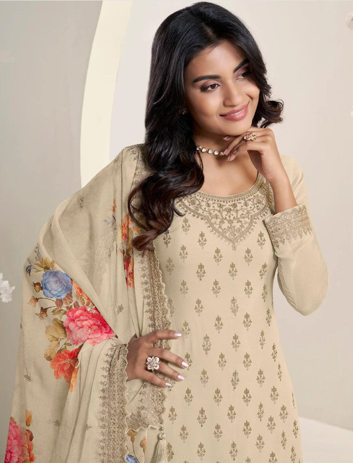 Mahira – Off-White Sequins Embroidered Kurti Plazo Set with Digital Floral Dupatta – 3 Pcs
