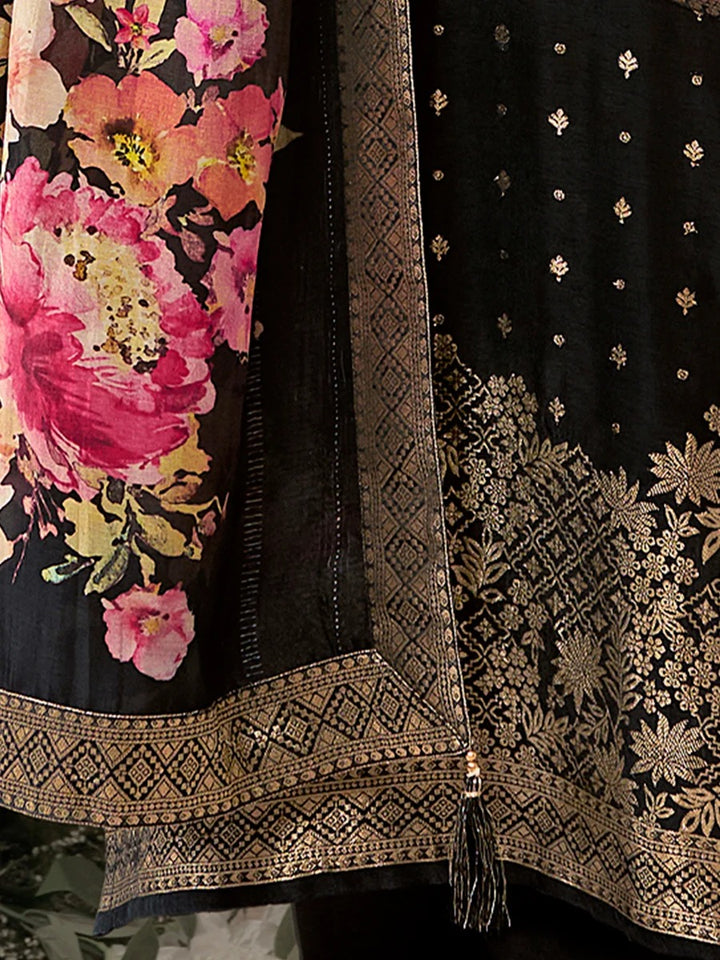 Kiran – Black Dola Silk Kurta Set with Jacquard Detailing and Intricate Embroidery, Paired with a Cherry Silk Dupatta – 3 Pcs