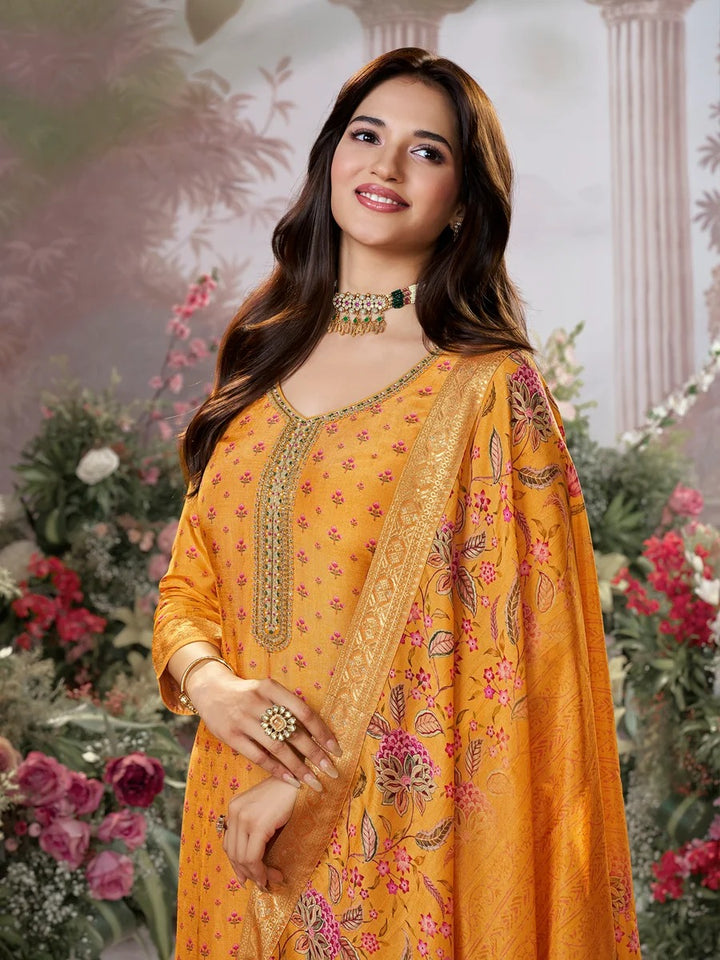 Sara – Yellow Russian Silk Kurta Set with Digital Print Work Paired with Russian Silk Digital Printed Duppatta – 3 Pcs