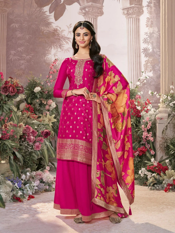 Farah – Pink Dola Silk Jacquard & Embroidery Sharara Set with Digital Print Dupatta – 3 Pcs