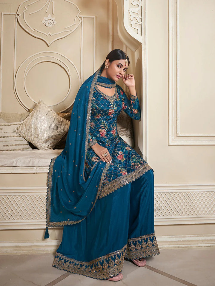 Jawaria – Teal Digital Floral Printed Embroidered Sharara Suit Set – 3 Pcs