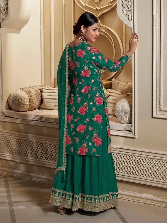 Jawaria – Green Digital Floral Printed Embroidered Sharara Suit Set – 3 Pcs