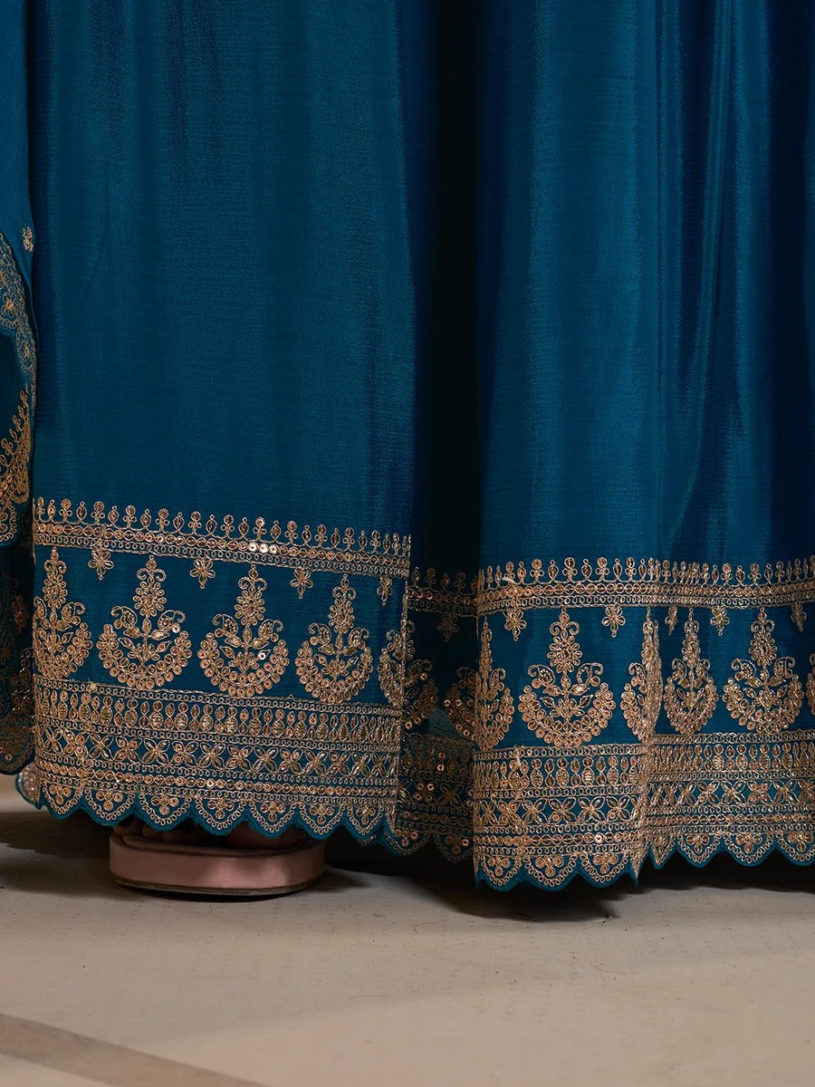 Jawaria – Teal Digital Floral Printed Embroidered Sharara Suit Set – 3 Pcs