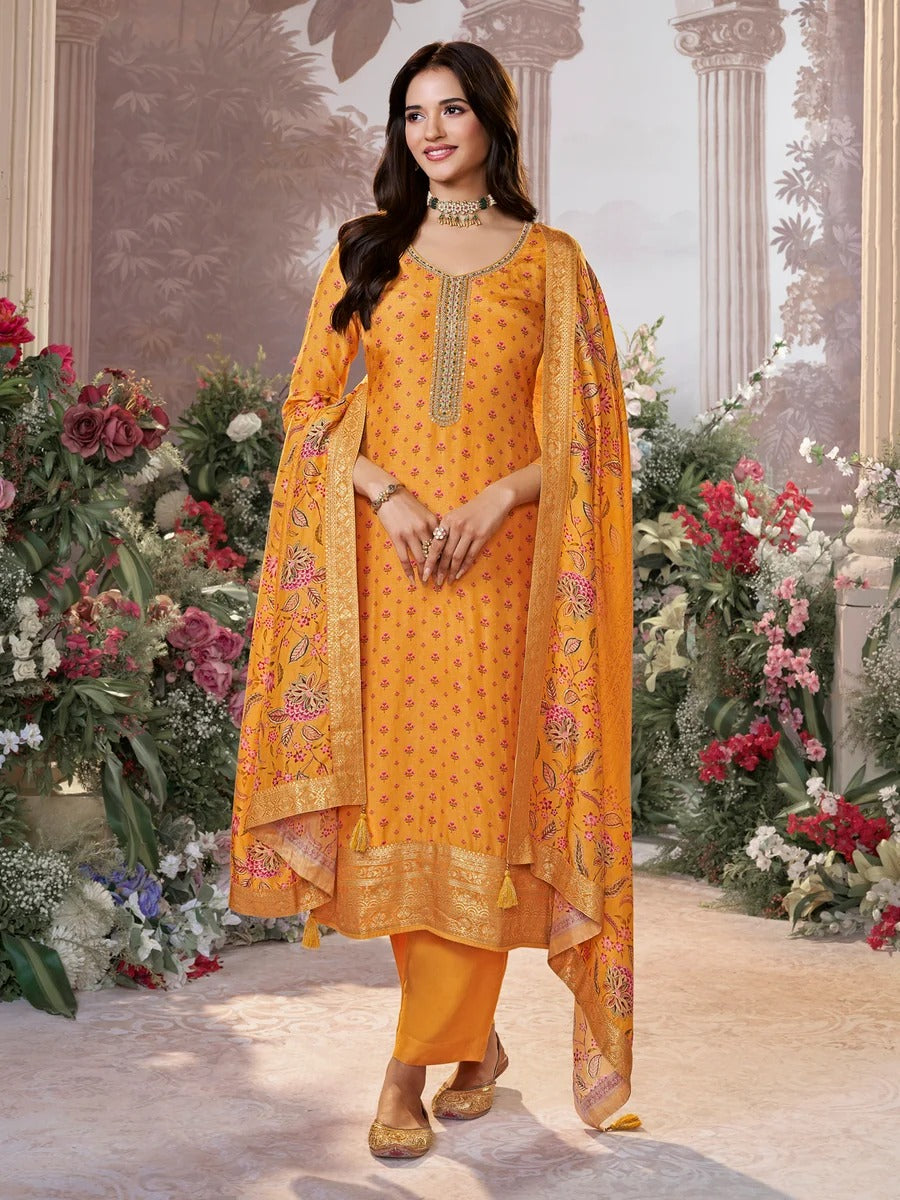 Sara – Yellow Russian Silk Kurta Set with Digital Print Work Paired with Russian Silk Digital Printed Duppatta – 3 Pcs