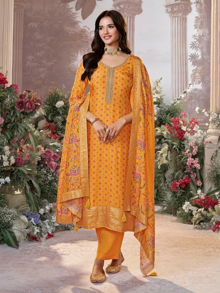 Sara – Yellow Russian Silk Kurta Set with Digital Print Work Paired with Russian Silk Digital Printed Duppatta – 3 Pcs