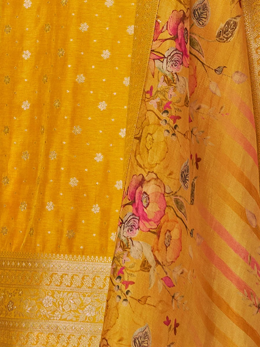 Kiran – Yellow Dola Silk Kurta Set with Jacquard Detailing and Intricate Embroidery, Paired with a Cherry Silk Dupatta – 3 Pcs