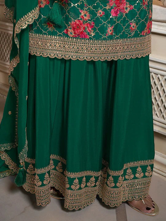 Jawaria – Green Digital Floral Printed Embroidered Sharara Suit Set – 3 Pcs