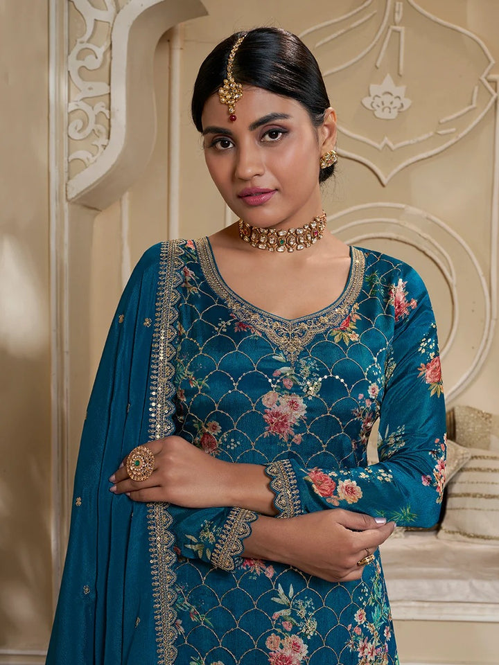 Jawaria – Teal Digital Floral Printed Embroidered Sharara Suit Set – 3 Pcs