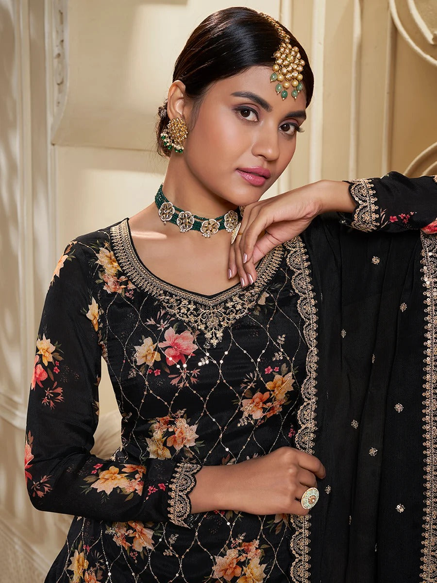 Jawaria – Black Digital Floral Printed Embroidered Sharara Suit Set – 3 Pcs