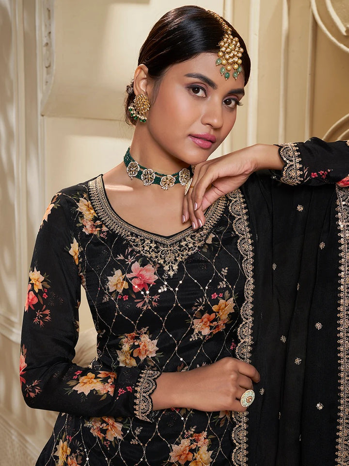 Jawaria – Black Digital Floral Printed Embroidered Sharara Suit Set – 3 Pcs