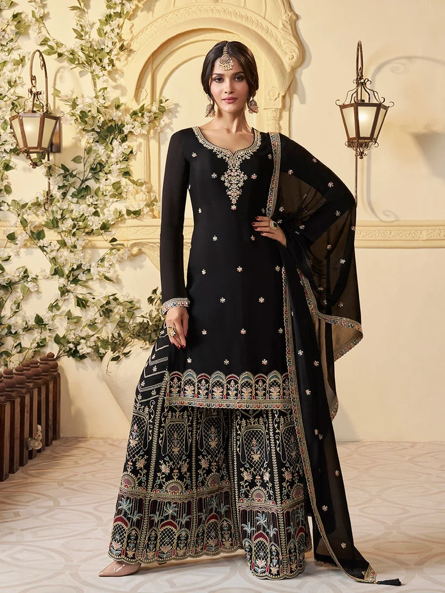 Hafsa – Designer Multi-Thread Embroidered Black Chinon Sharara Suit Set - 3pcs