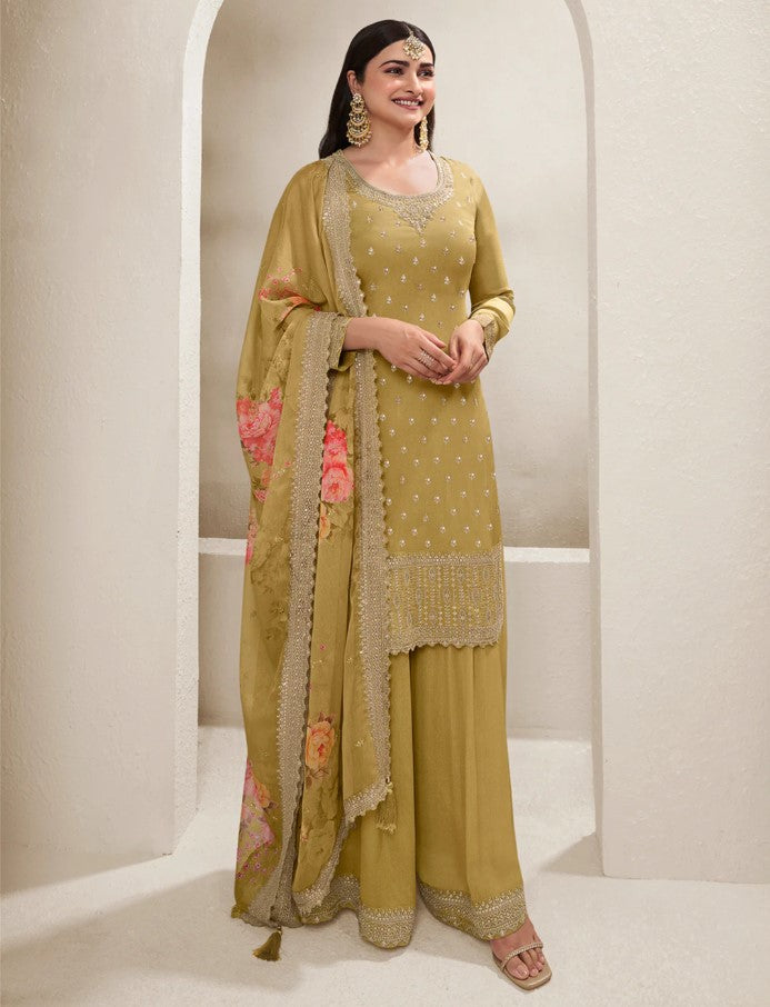 Vinay 43 - Mustard Floral Pattern Sequins Embroidered Sharara Suit - 3Pcs Suit