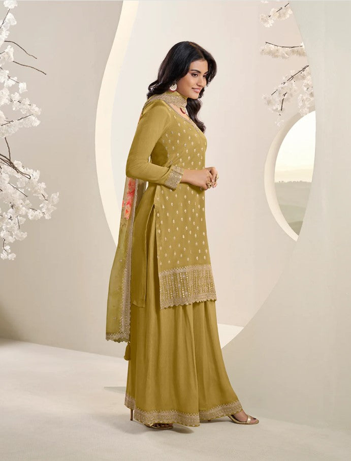 Vinay 43 - Mustard Floral Pattern Sequins Embroidered Sharara Suit - 3Pcs Suit