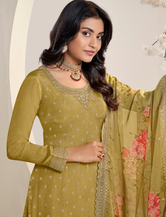 Vinay 43 - Mustard Floral Pattern Sequins Embroidered Sharara Suit - 3Pcs Suit