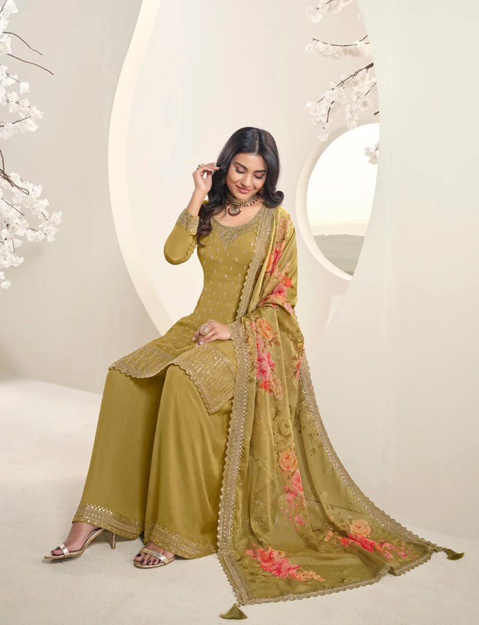 Vinay 43 - Mustard Floral Pattern Sequins Embroidered Sharara Suit - 3Pcs Suit