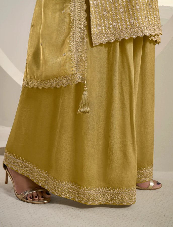 Vinay 43 - Mustard Floral Pattern Sequins Embroidered Sharara Suit - 3Pcs Suit