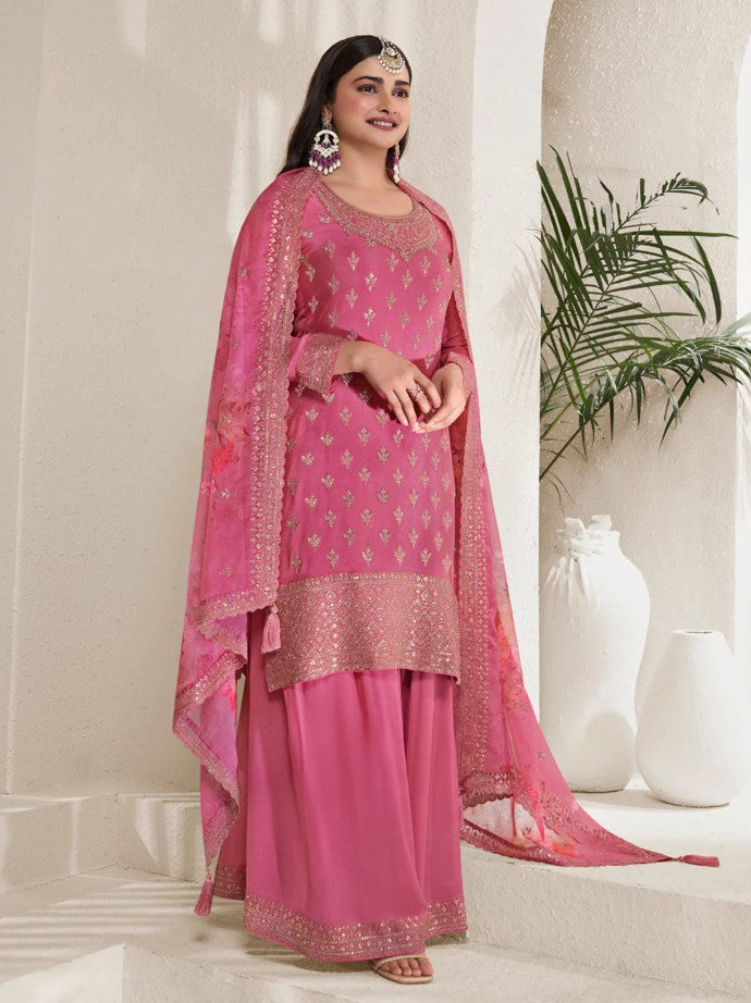 Mahira – Pink Sequins Embroidered Kurti Plazo Set with Digital Floral Dupatta – 3 Pcs