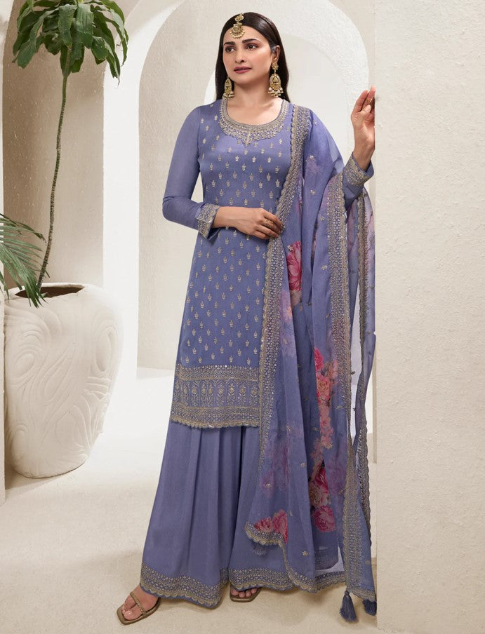 Vinay 42 - Purple Floral Pattern Sequins Embroidered Sharara Suit - 3Pcs Suit