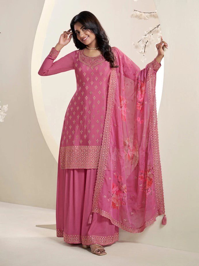 Mahira – Pink Sequins Embroidered Kurti Plazo Set with Digital Floral Dupatta – 3 Pcs