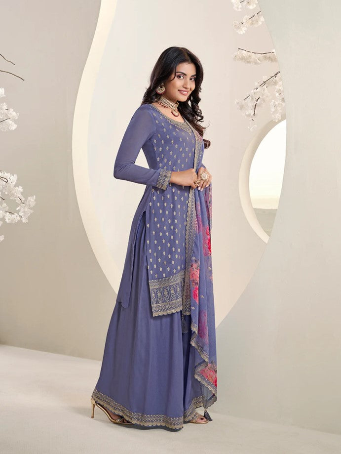 Vinay 42 - Purple Floral Pattern Sequins Embroidered Sharara Suit - 3Pcs Suit