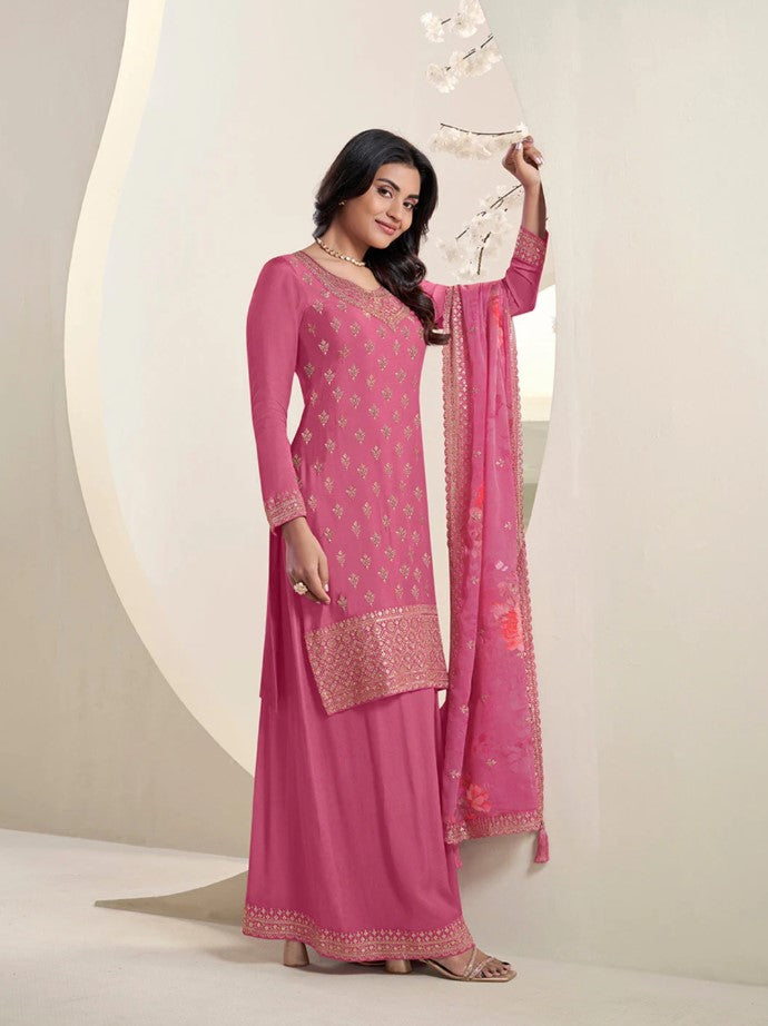 Mahira – Pink Sequins Embroidered Kurti Plazo Set with Digital Floral Dupatta – 3 Pcs