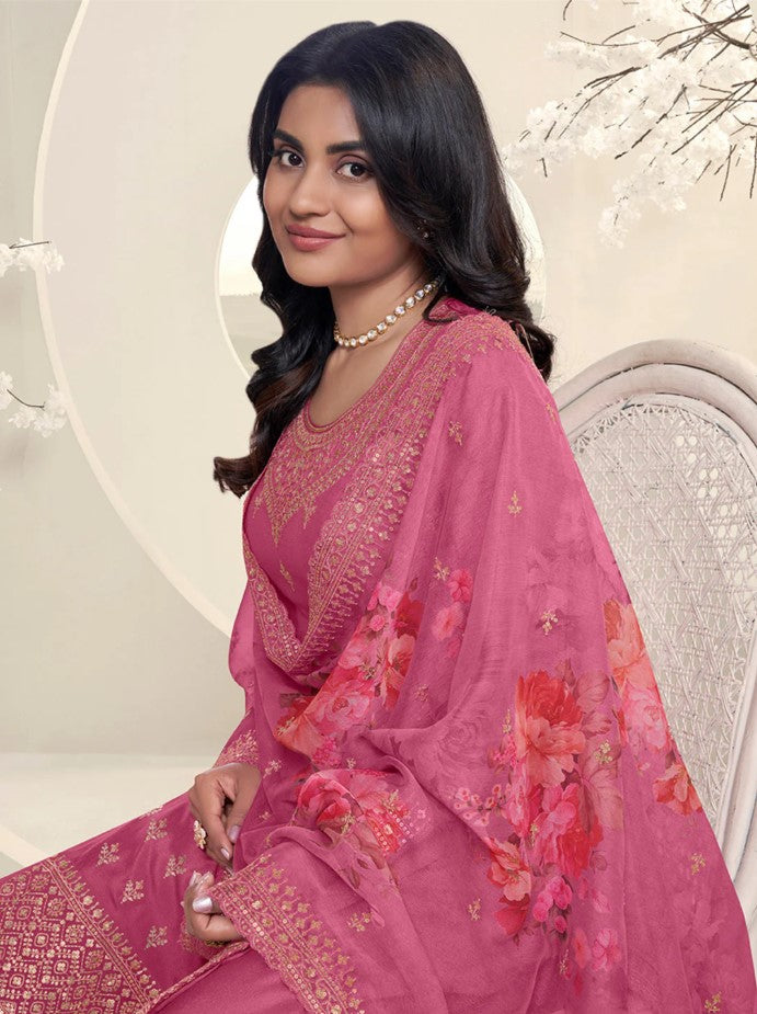 Mahira – Pink Sequins Embroidered Kurti Plazo Set with Digital Floral Dupatta – 3 Pcs