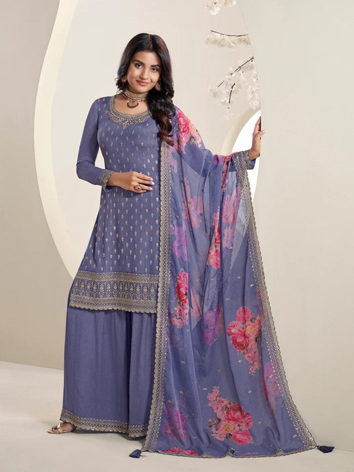 Vinay 42 - Purple Floral Pattern Sequins Embroidered Sharara Suit - 3Pcs Suit