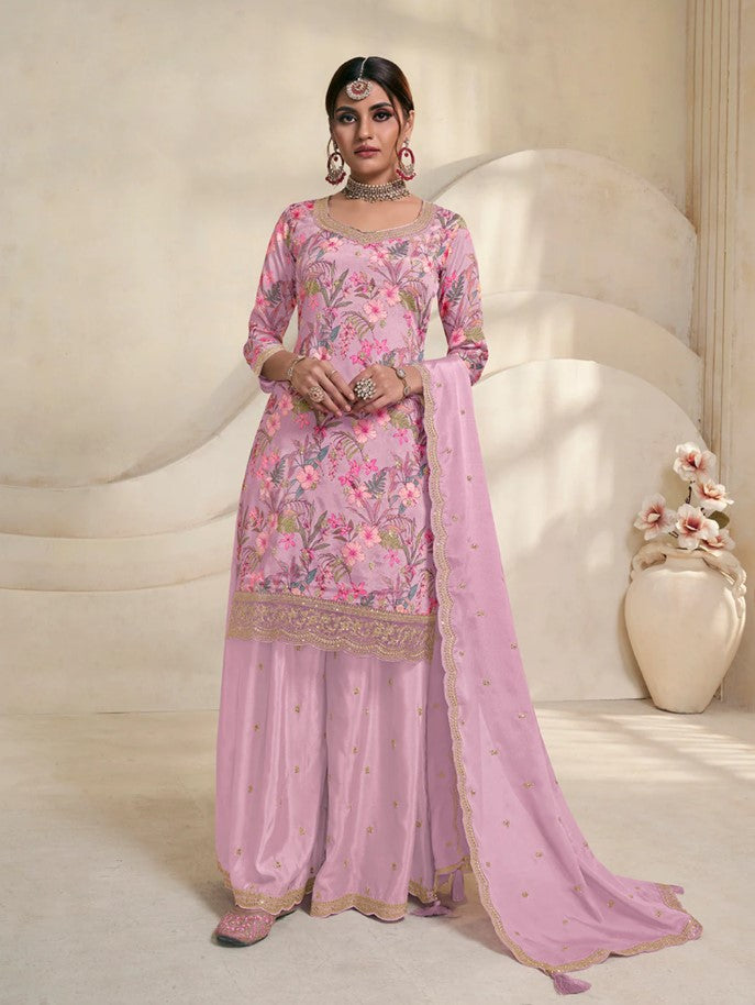 Vinay 1500 - Pink Chinon Digital Floral Printed Sharara Suit Set - 3Pcs Suit