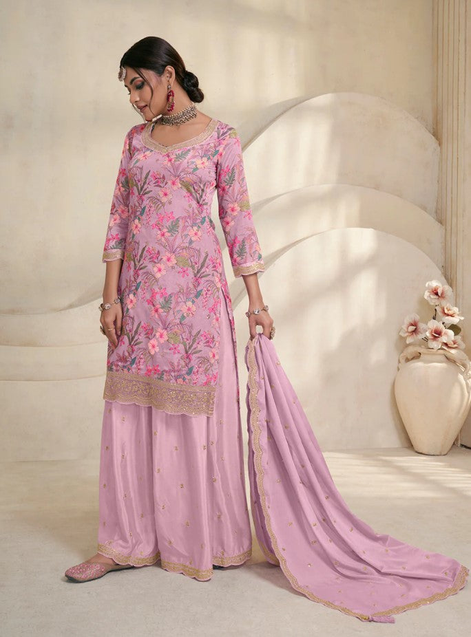 Vinay 1500 - Pink Chinon Digital Floral Printed Sharara Suit Set - 3Pcs Suit