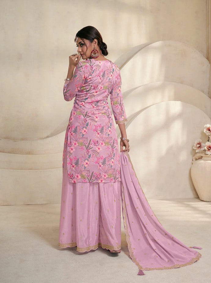 Vinay 1500 - Pink Chinon Digital Floral Printed Sharara Suit Set - 3Pcs Suit